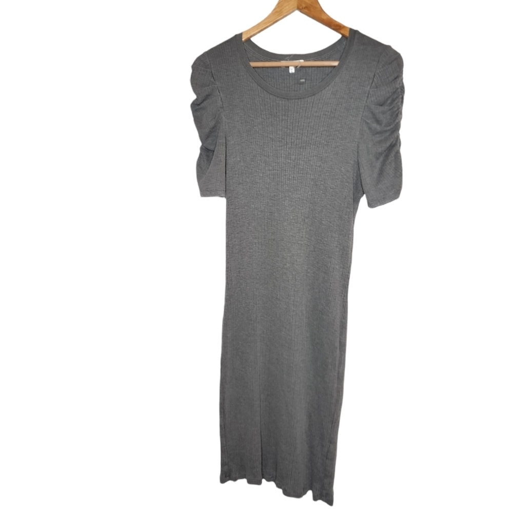 Sundry Modal Cotton Blend Grey Ribbed Dress Stretch Ruched Sleeves Size 4 XL New
